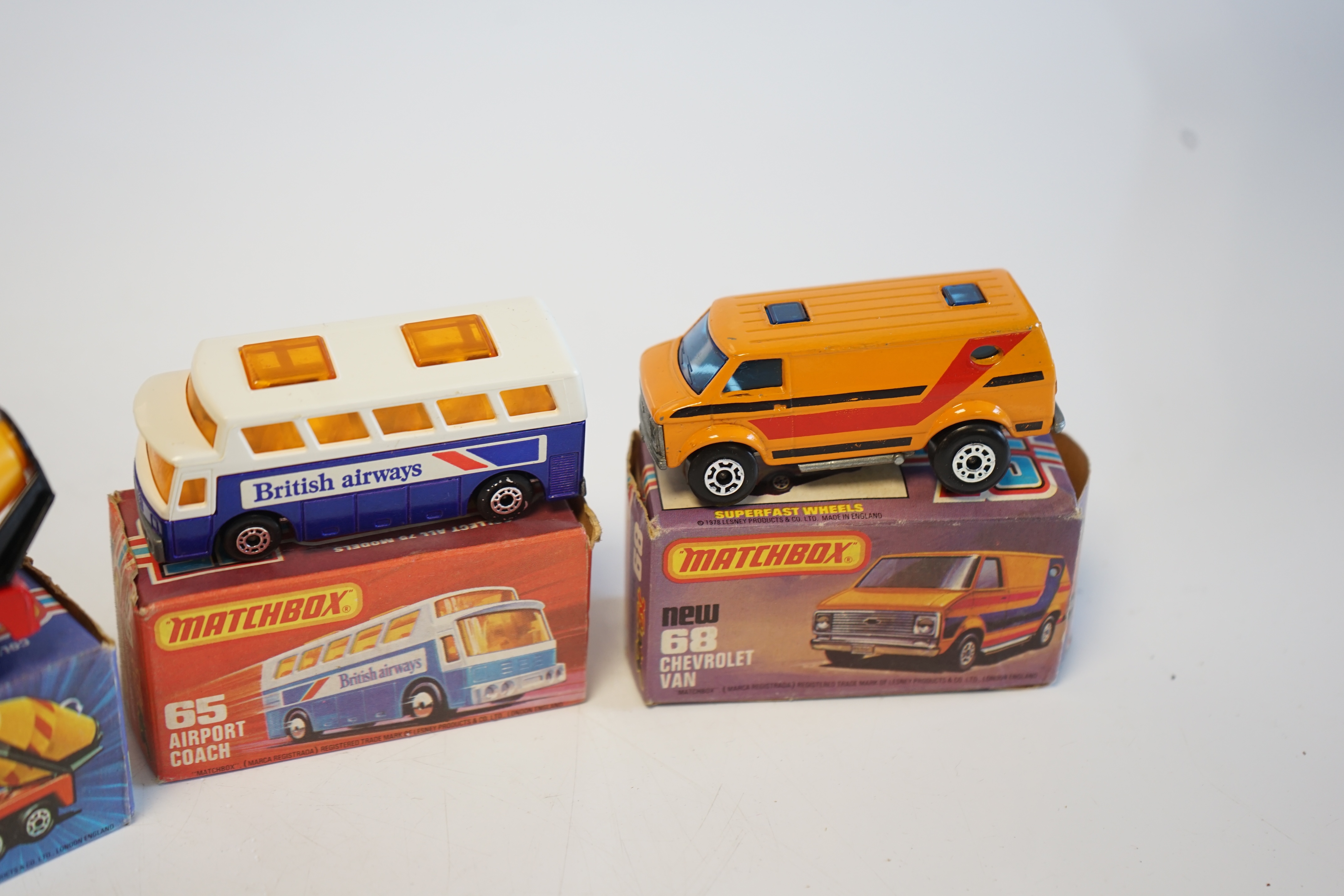 Sixteen boxed Matchbox Series 1-75 diecast vehicles including; 14; Petrol Tanker and another, 19; Cement Truck, 28; Formula Racing Car and another, 35; Zoo Truck, 36; Refuse Truck, 46; Mercedes 300 SE coupe, 63; Freeway